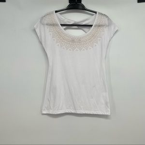 PRANA WOMEN'S Burnout SHORT SLEEVE TWIST WITH OPEN BACK SHIRT SZ SMALL Pattern